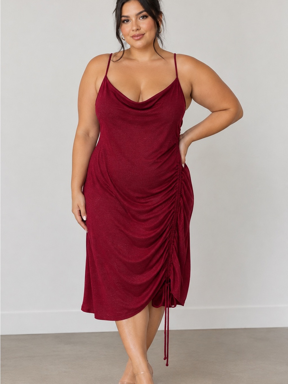 Missguided Burgundy Cowl Neck Ruched Midi Dress